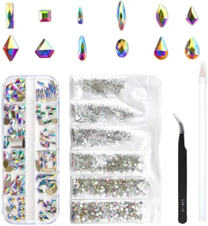 120 Pcs Multi Shapes Glass Crystal AB Rhinestones for Nail Art Craft, Mix 12 Style Flatback Crystals 3D Decorations Flat Back Stones Gems Set (120 Pcs Crystals 1728 Pcs Rhinestones)