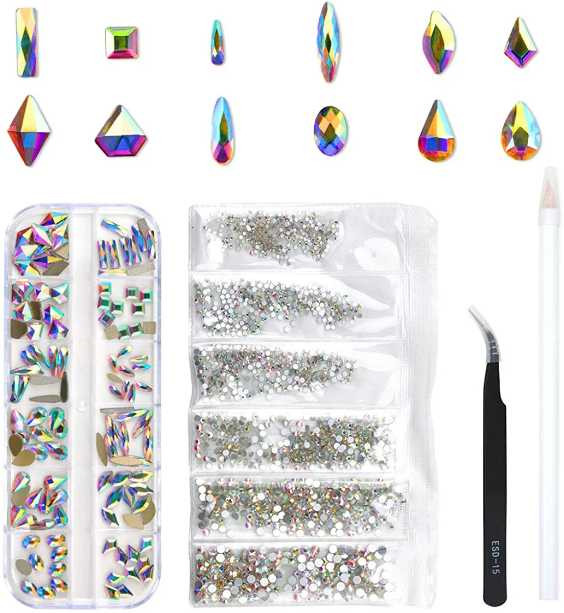 120 Pcs Multi Shapes Glass Crystal AB Rhinestones for Nail Art Craft, Mix 12 Style Flatback Crystals 3D Decorations Flat Back Stones Gems Set (120 Pcs Crystals 1728 Pcs Rhinestones)