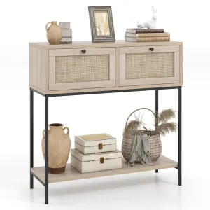 2-Tier Console Table with Rattan Drawers and Open Storage Shelf-Oak