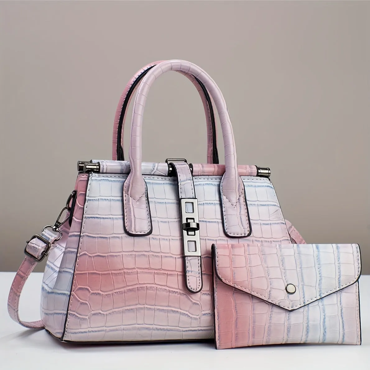 2Pcs Stylish Gradient Color Crocodile Pattern Tote Bag Set with Adjustable Strap - Multi-Pocket Organizer, Polyester Lining, and Detachable Clutch - Perfect Commuter Handbag with Zipper Closure