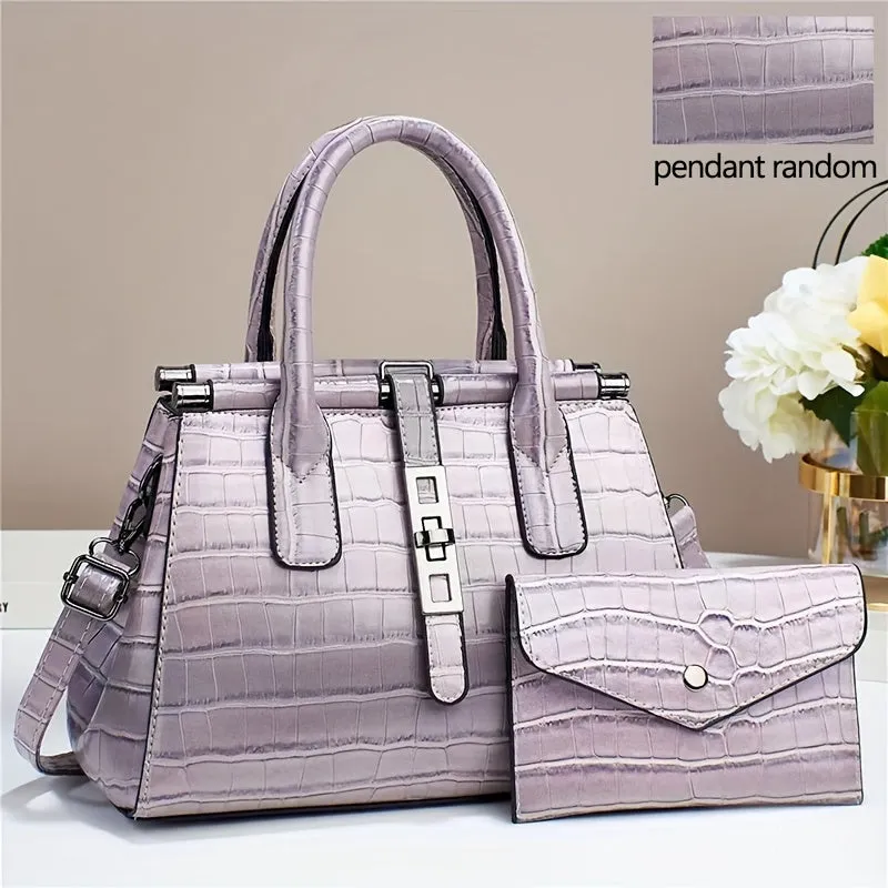 2Pcs Stylish Gradient Color Crocodile Pattern Tote Bag Set with Adjustable Strap - Multi-Pocket Organizer, Polyester Lining, and Detachable Clutch - Perfect Commuter Handbag with Zipper Closure