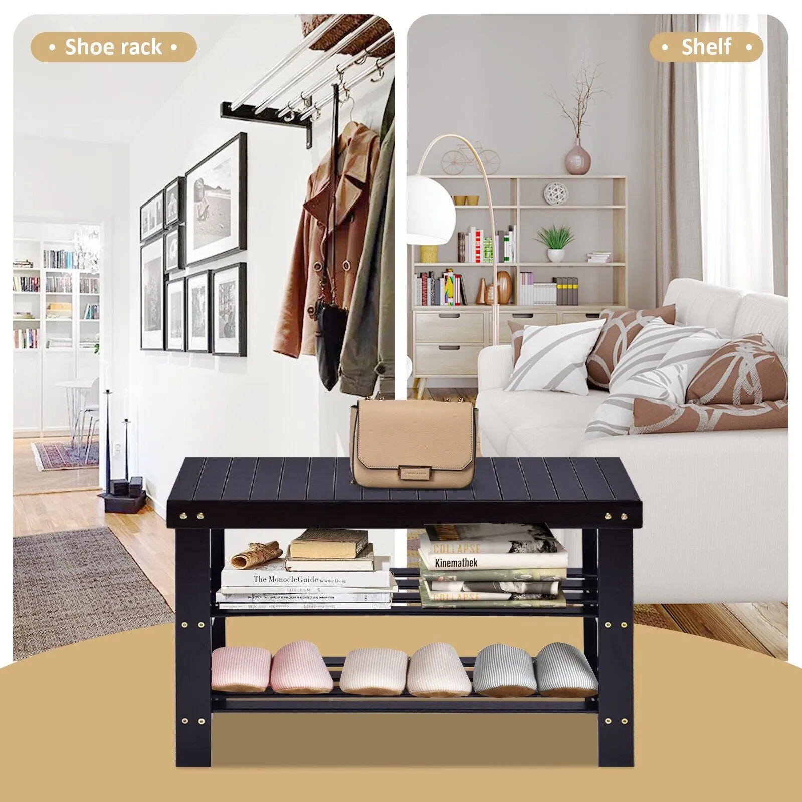 3-Tier Bamboo Shoe Bench for Entryway-Black