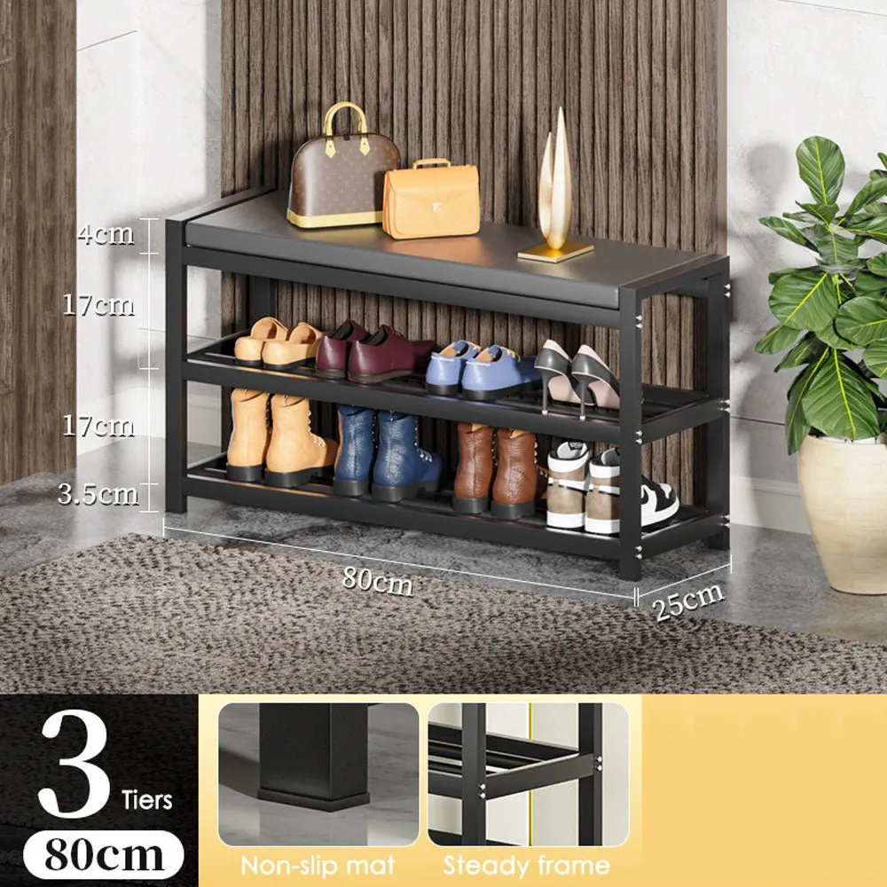 3-Tier Carbon Steel Shoe Rack Bench with PU Leather Cushion