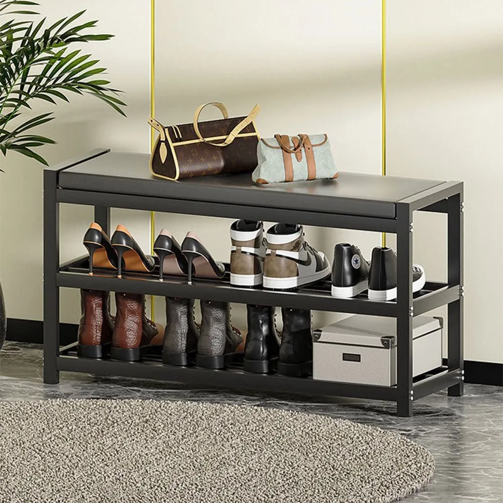 3-Tier Carbon Steel Shoe Rack Bench with PU Leather Cushion