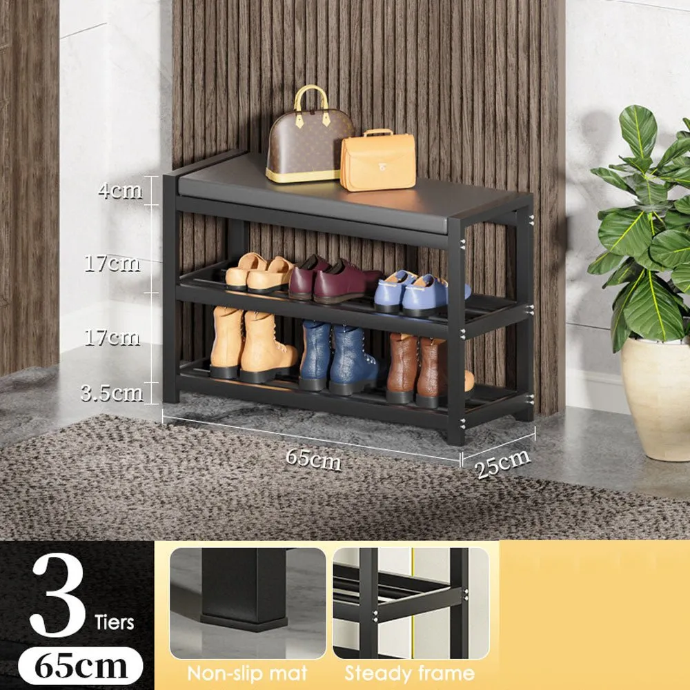 3-Tier Carbon Steel Shoe Rack Bench with PU Leather Cushion