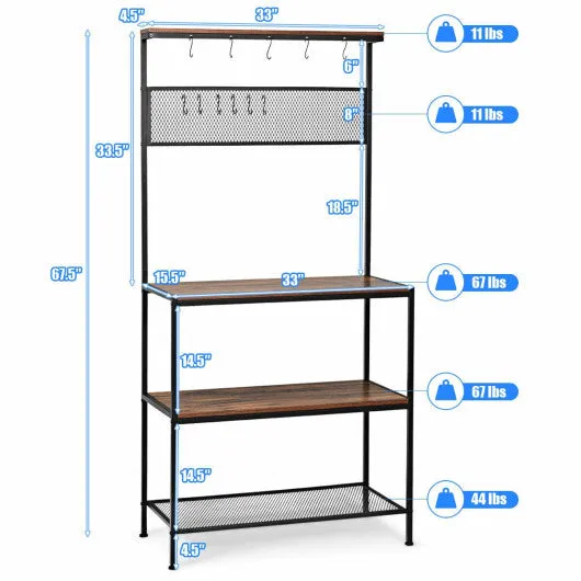 4-Tier Kitchen Rack Stand with Hooks and Mesh Panel