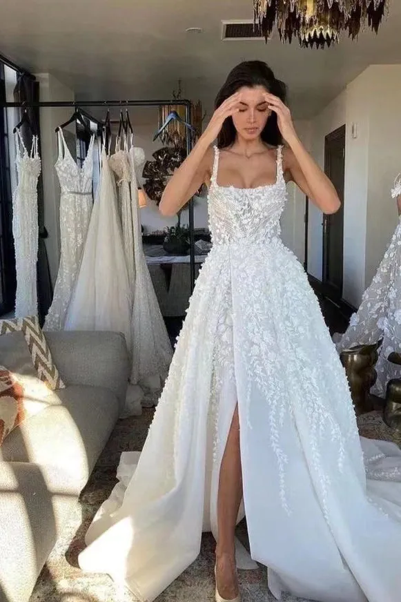 A Line Straps Long Wedding Dress with Lace Appliques, Gorgeous Bridal Gown with Slit UQW0054