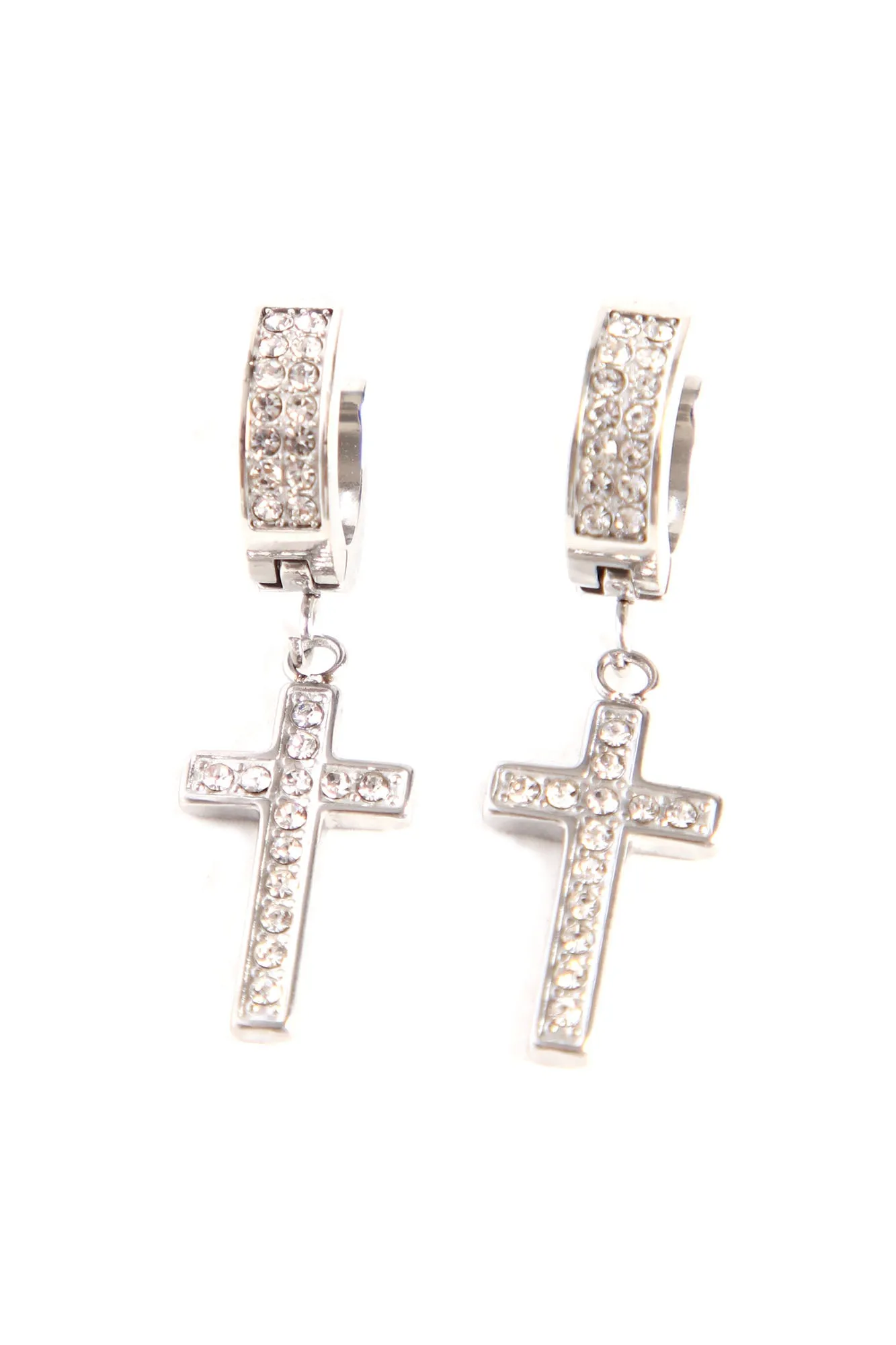 All Iced Up Dangling Cross Earrings - Silver