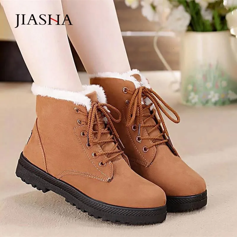 Amozae-Back to College Snow boots 2024 warm fur plush Insole women winter boots square heels flock ankle boots women shoes lace-up winter shoes woman