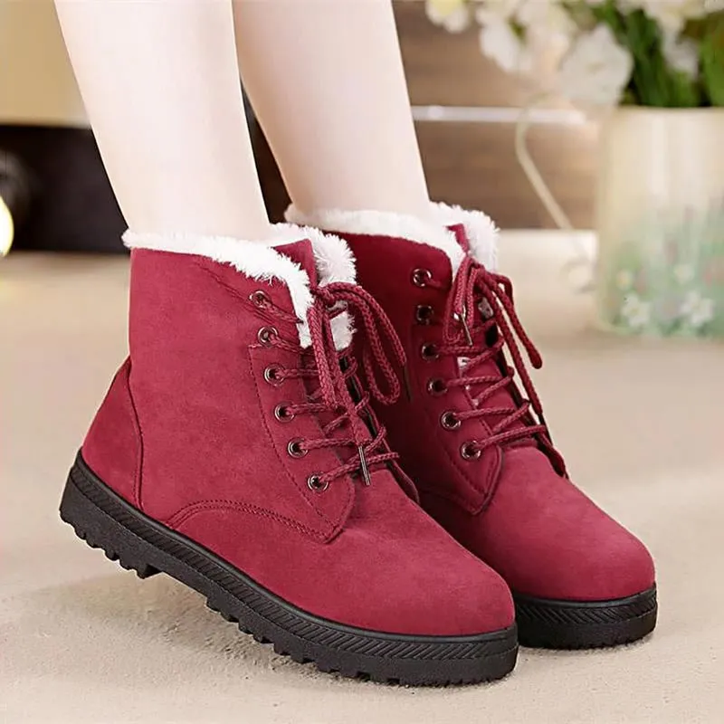 Amozae-Back to College Snow boots 2024 warm fur plush Insole women winter boots square heels flock ankle boots women shoes lace-up winter shoes woman