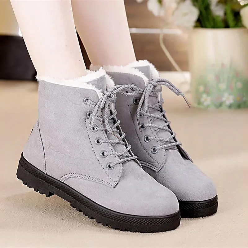 Amozae-Back to College Snow boots 2024 warm fur plush Insole women winter boots square heels flock ankle boots women shoes lace-up winter shoes woman