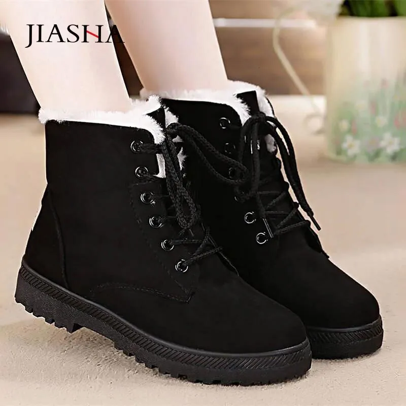 Amozae-Back to College Snow boots 2024 warm fur plush Insole women winter boots square heels flock ankle boots women shoes lace-up winter shoes woman