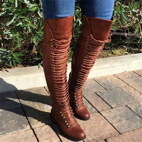 Amozae Camel Pu Cross Strap Block Heel Knee High Boots