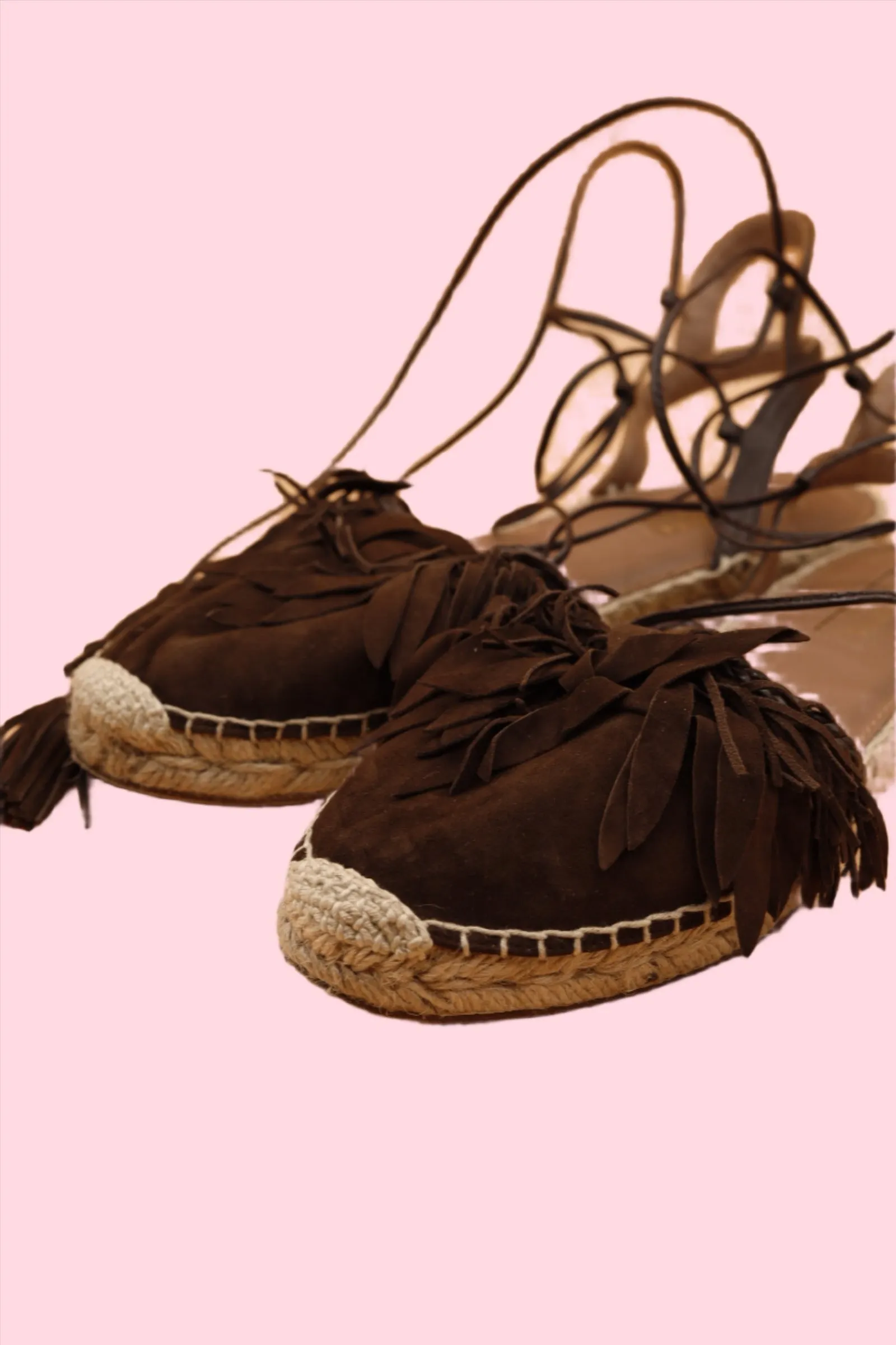 Aquazzura Suede Brown Fringed Raffia Sandals Y2K