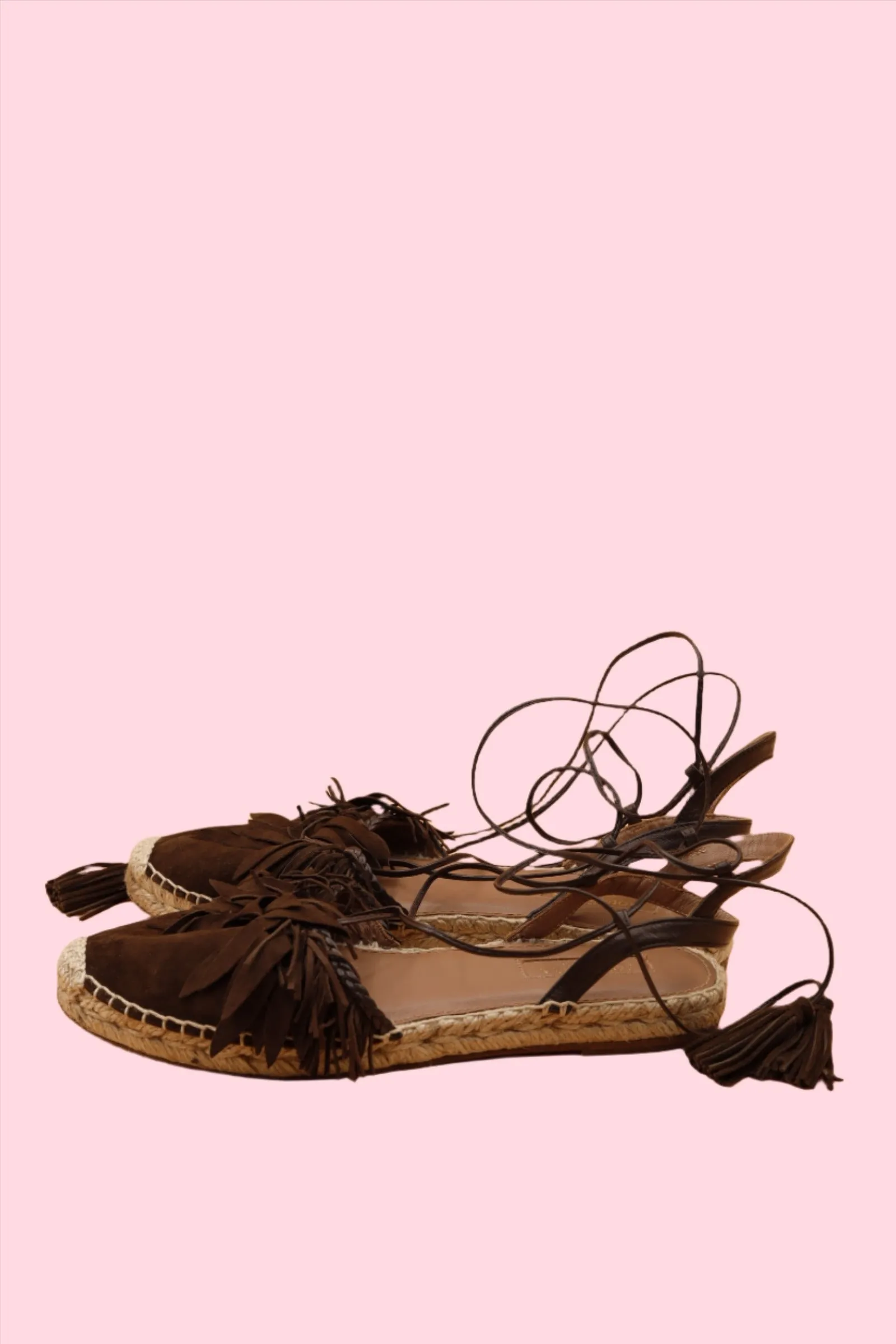 Aquazzura Suede Brown Fringed Raffia Sandals Y2K