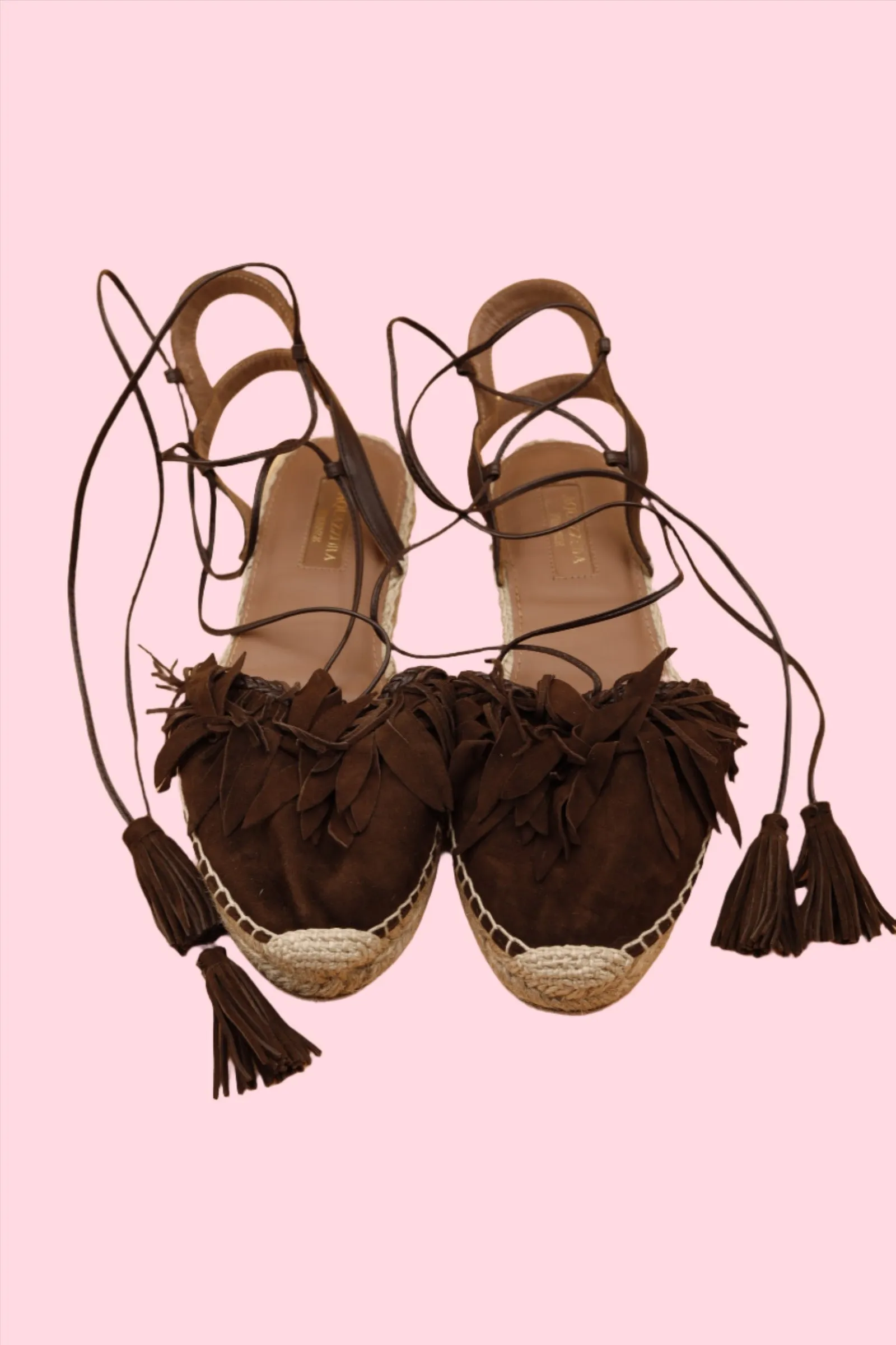 Aquazzura Suede Brown Fringed Raffia Sandals Y2K