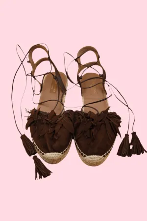 Aquazzura Suede Brown Fringed Raffia Sandals Y2K