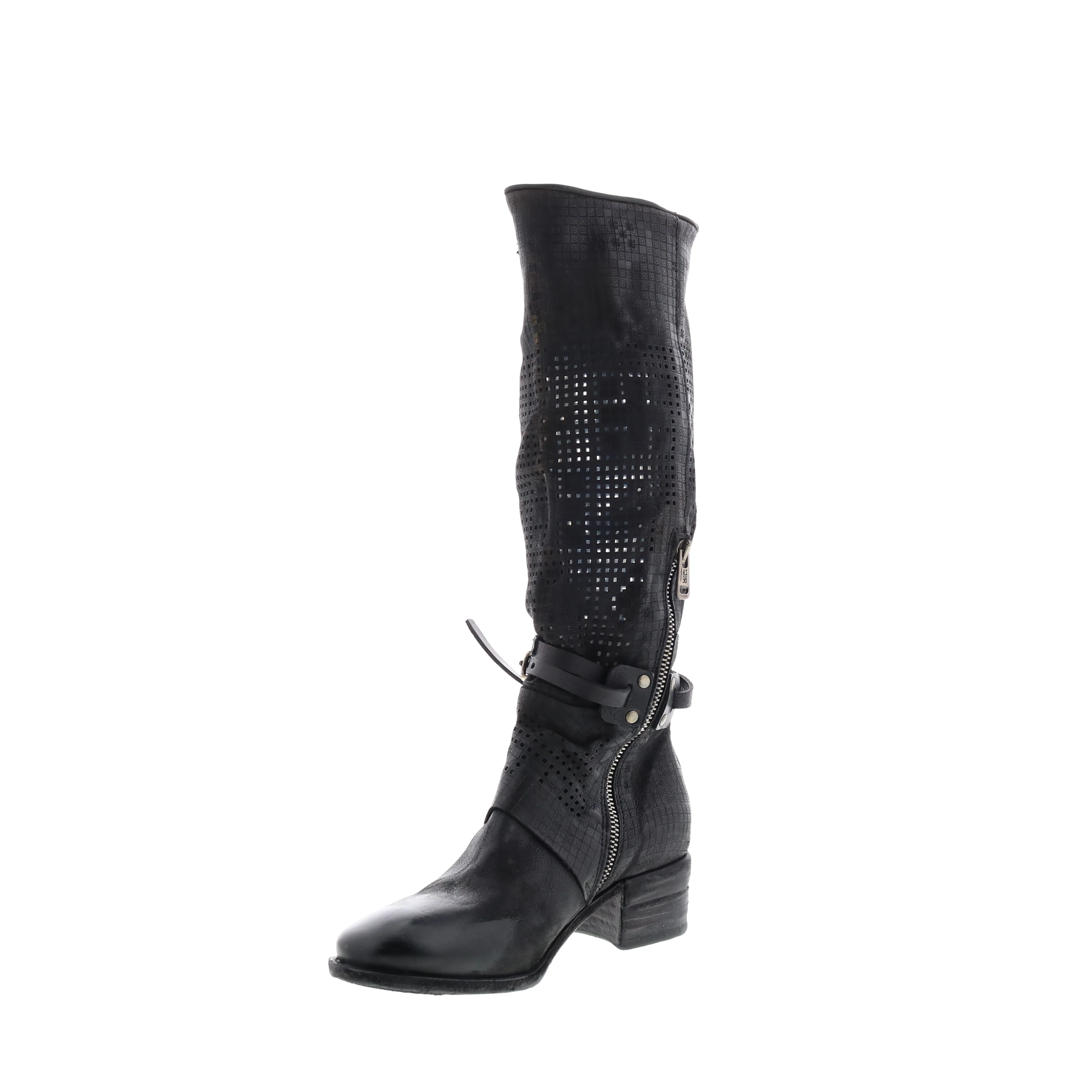 A.S.98 Gene A40313-101 Womens Black Leather Hook & Loop Knee High Boots