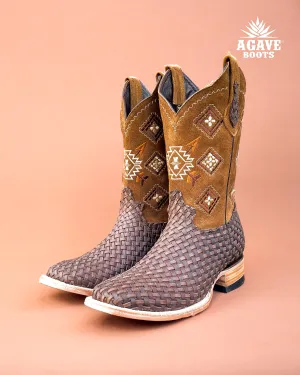 AZTEC BROWN BASKET WEAVE PETATILLO | MEN SQUARE TOE WESTERN COWBOY BOOTS