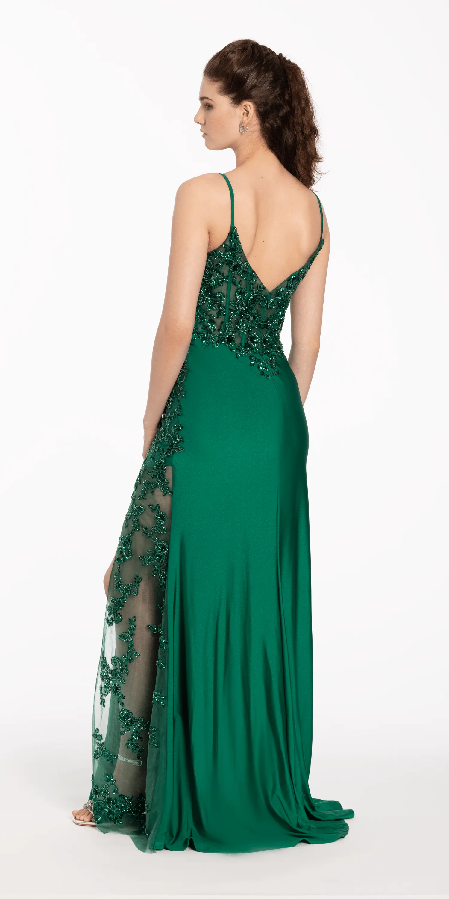 Beaded Embroidered Corset Dress with Sheer Side Slit