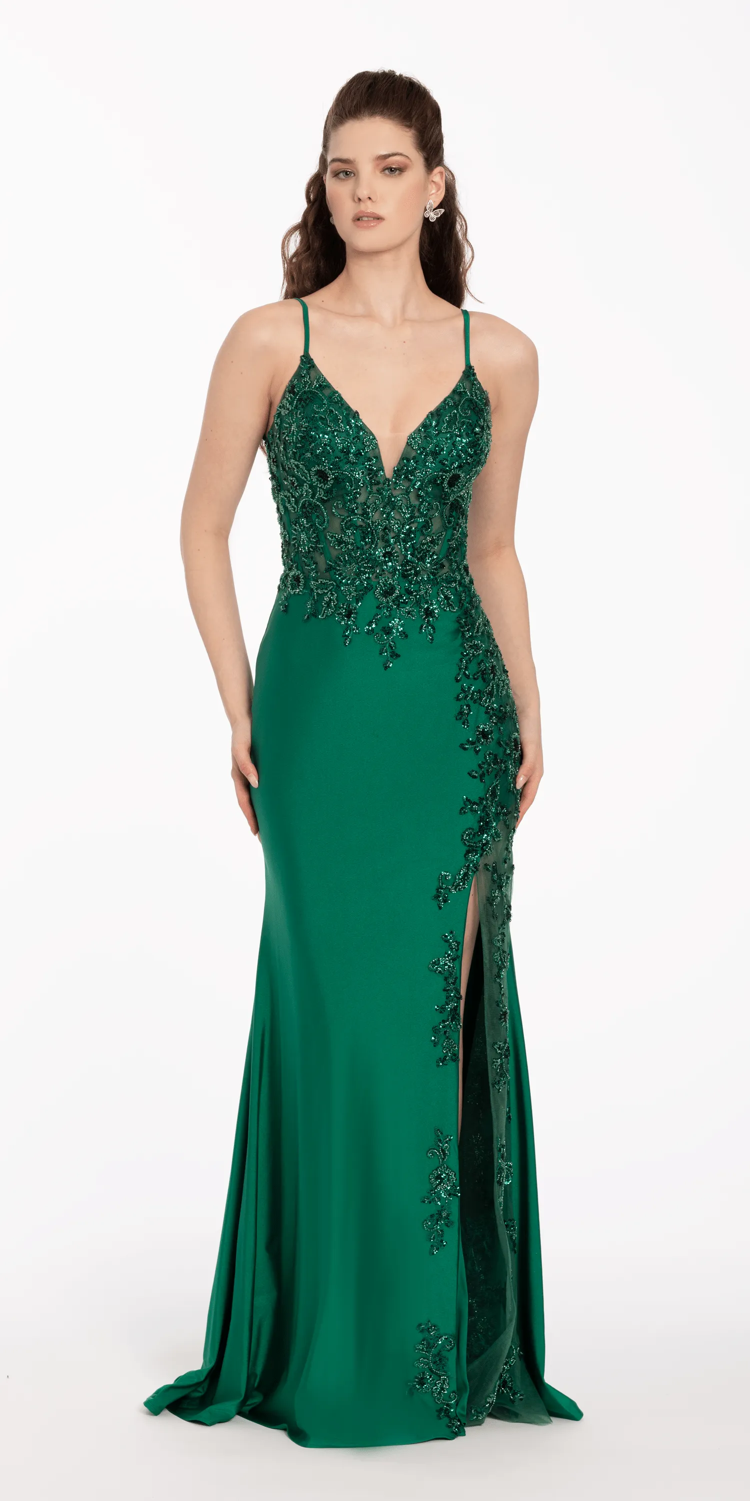 Beaded Embroidered Corset Dress with Sheer Side Slit