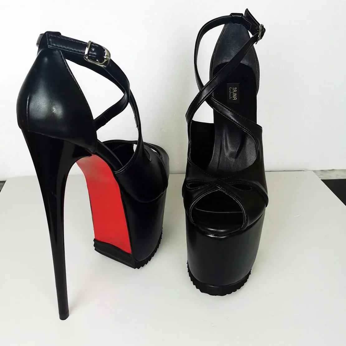 Black Cross Strap Serrated Sole Heels