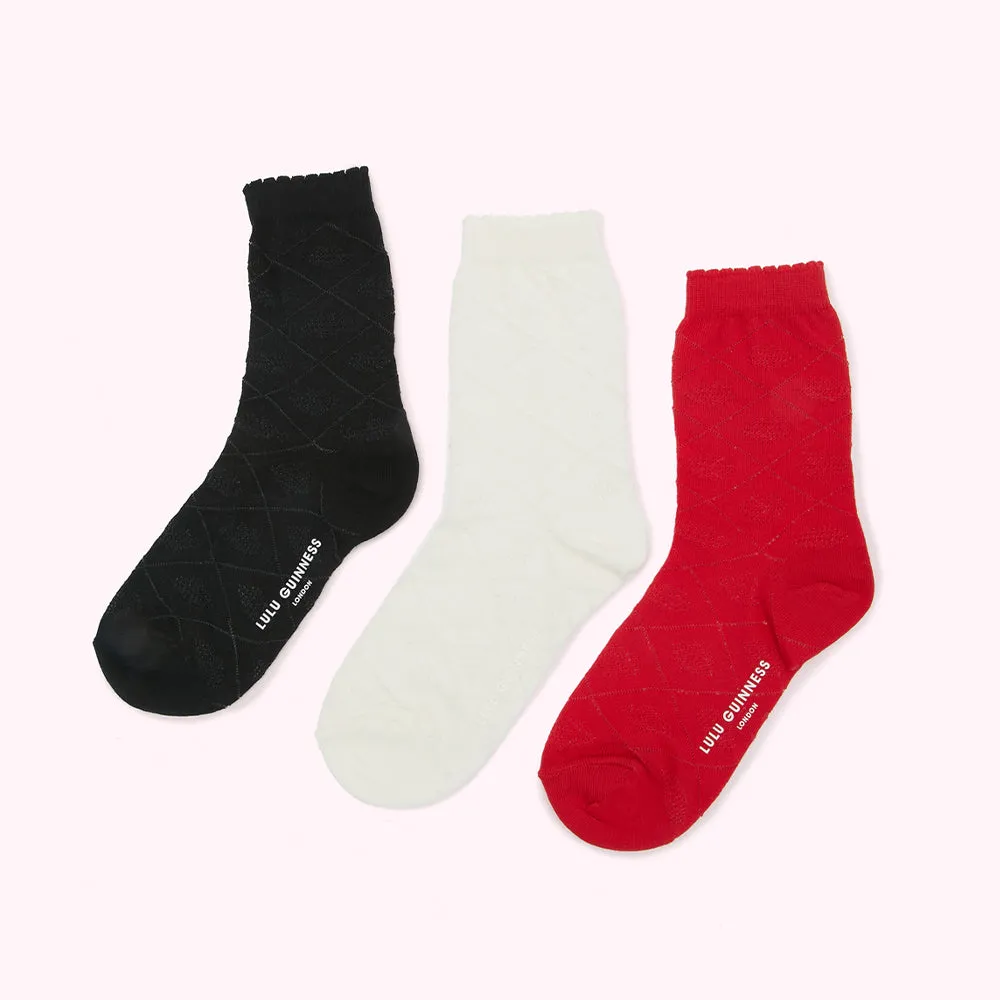 BLACK MULTI POINTELLE LIPS ANKLE SOCKS - 3 PAIRS