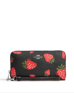 Coach Women's Black Multi Long Zip Around Wallet With Wild Strawberry Print