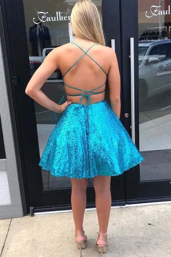 Criss Cross A-Line Short Prom Dress Blue Sequins Homecoming Dress  PD334