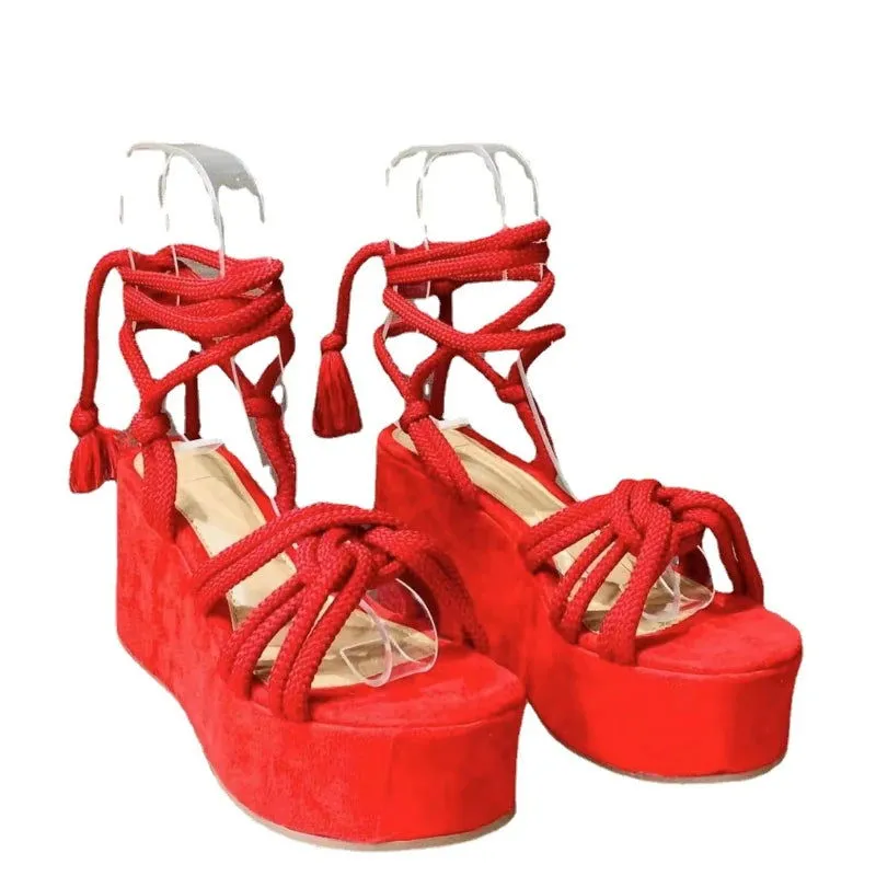 Cross Tie Straps Open Toe Platform Wedge Sandals