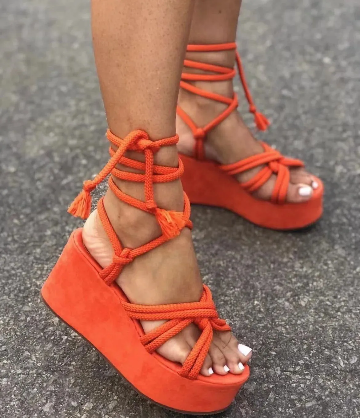 Cross Tie Straps Open Toe Platform Wedge Sandals