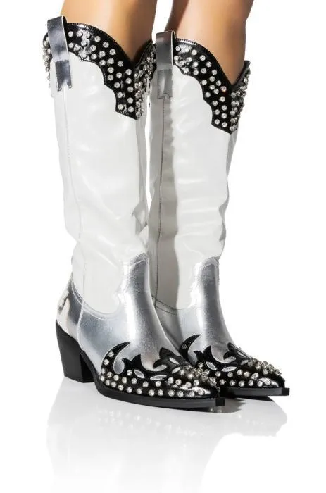 Crystal Embellished Patchwork Knee High Boots