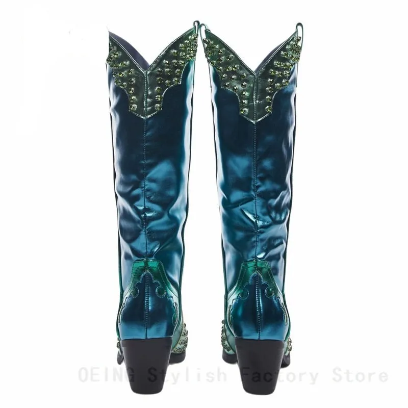 Crystal Embellished Patchwork Knee High Boots