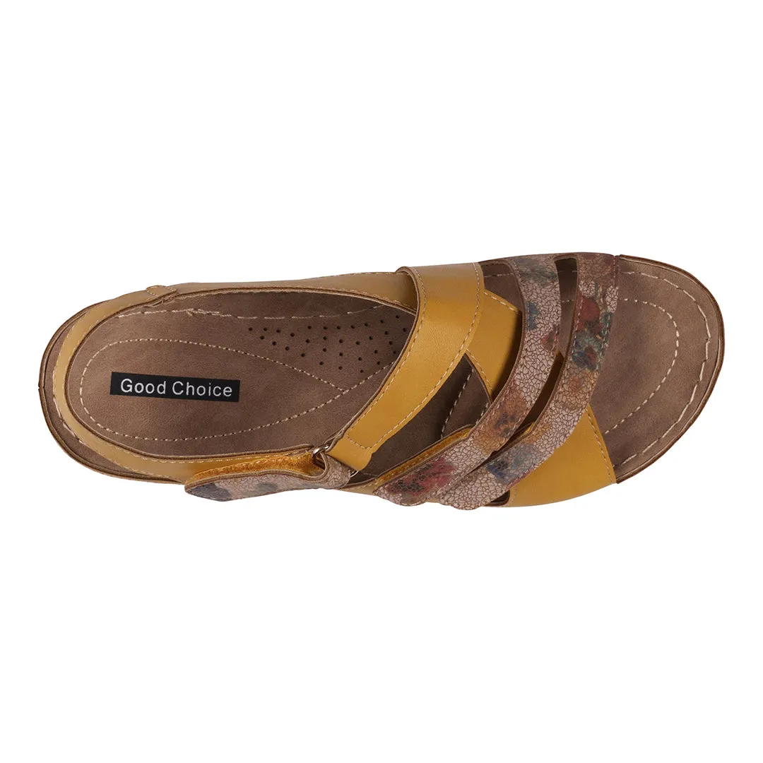 Dalary Yellow Strappy Velcro Two-Tone Comfort Flat Sandals