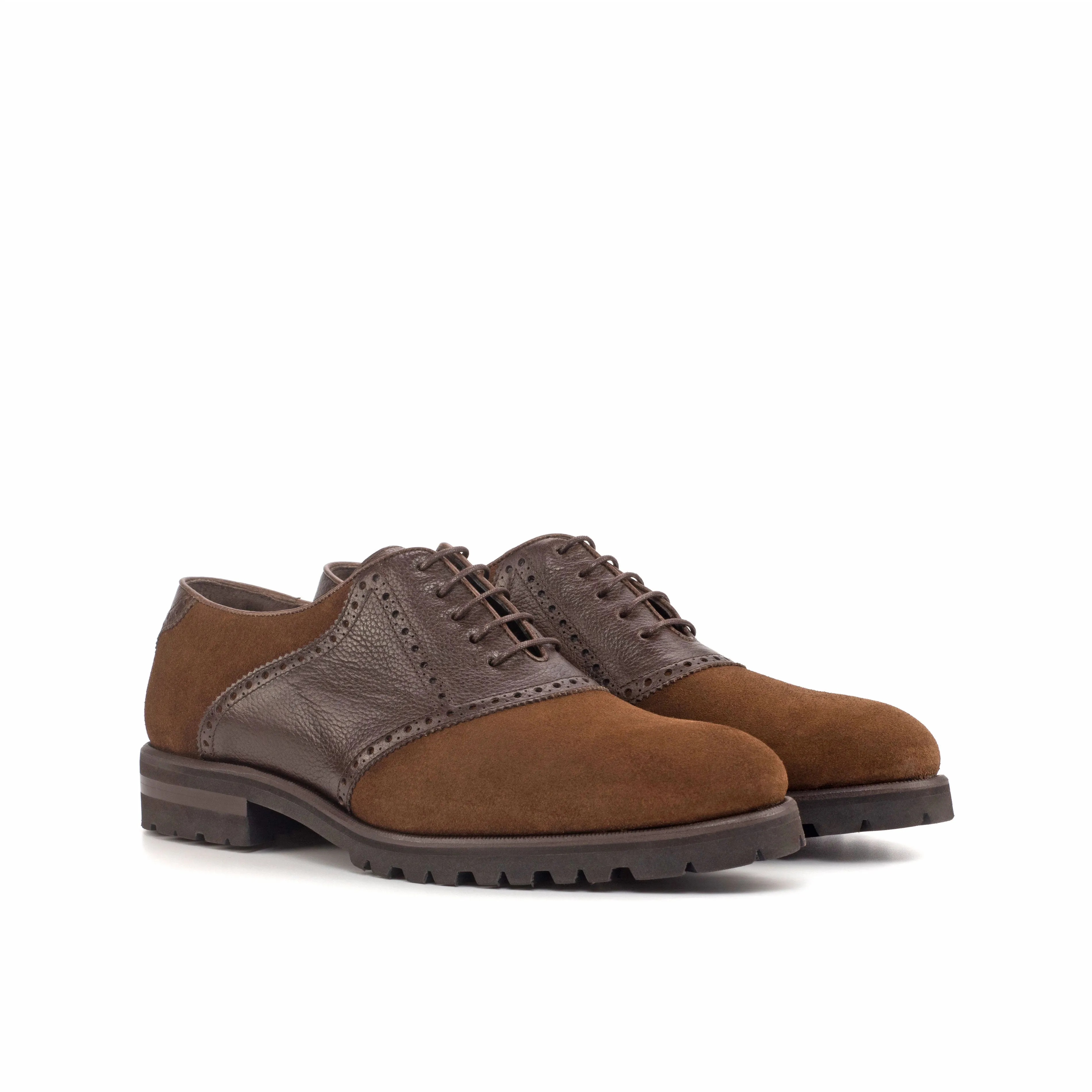 DapperFam Fabrizio in Med Brown / Dark Brown Men's Lux Suede & Italian Full Grain Leather Saddle