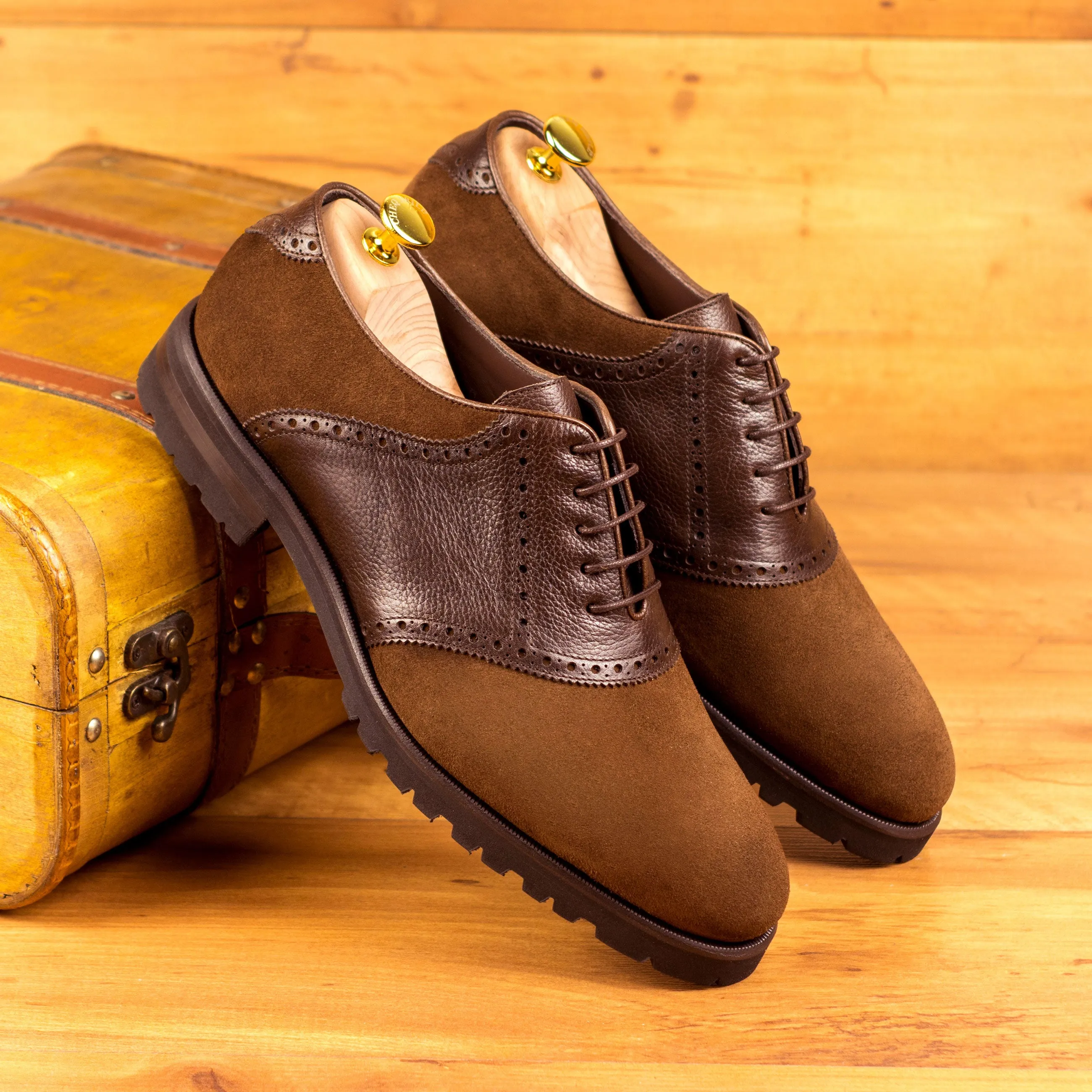 DapperFam Fabrizio in Med Brown / Dark Brown Men's Lux Suede & Italian Full Grain Leather Saddle