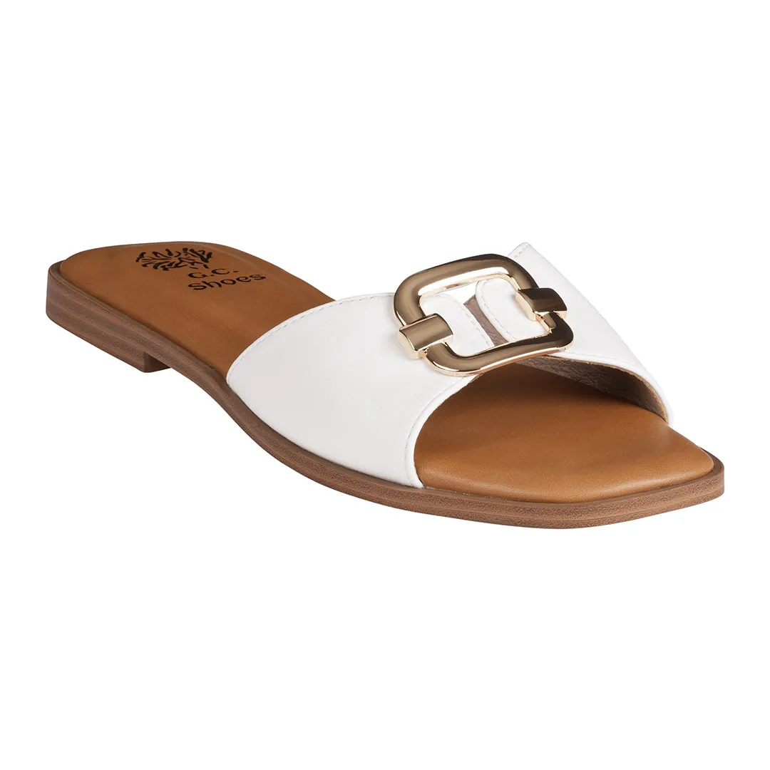 Davina White Hardware Slide Flat Sandals