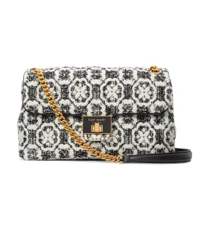 Evelyn Spade Flower Monogram Tweed Medium Convertible Shoulder Bag Black Multi