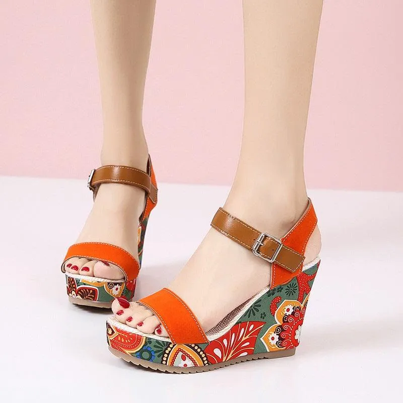 Fashion Flowers Embroidered High Wedge Sandals For Women Summer Toe Platform Buckle Shoes