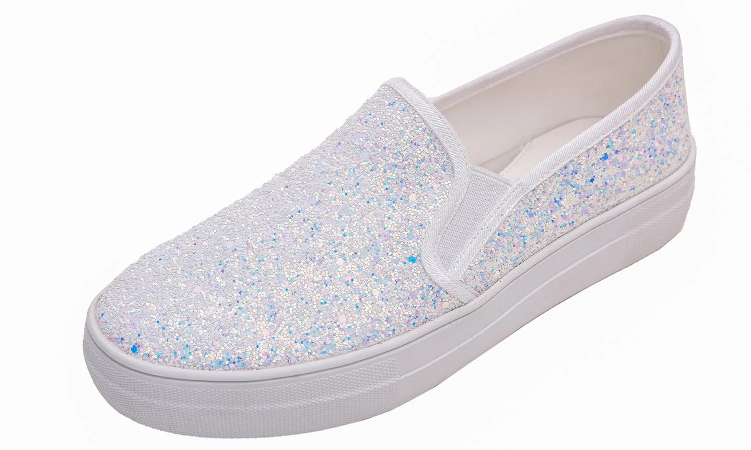 Feversole Women's Glitter Multi White Platform Slip On Sneaker Casual Flat Loafers