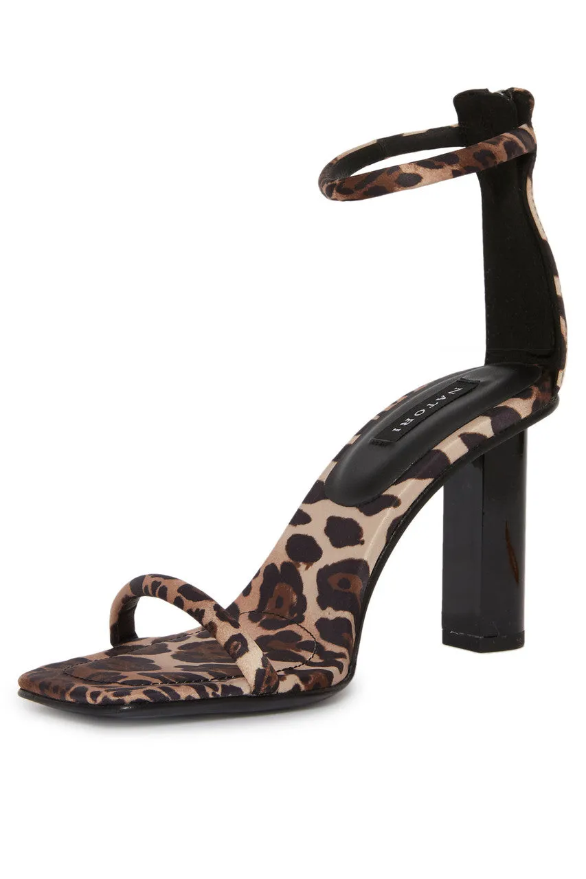 Glow Luxe Leopard Satin Block Heel Sandal