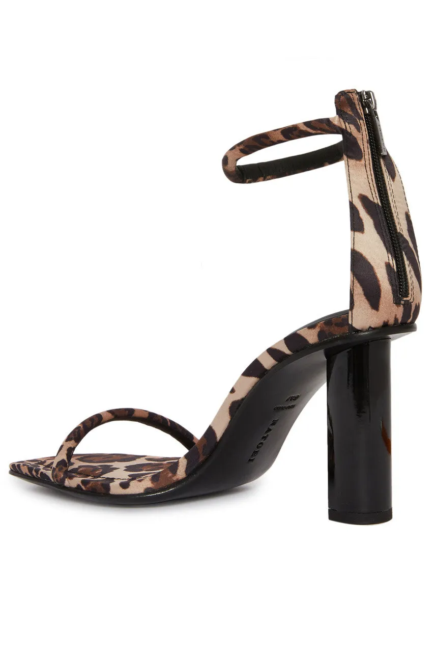 Glow Luxe Leopard Satin Block Heel Sandal