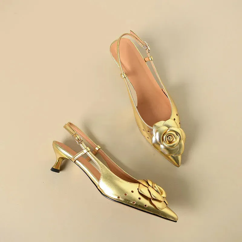 Gold Flower Pointed Toe Slingback Pumps