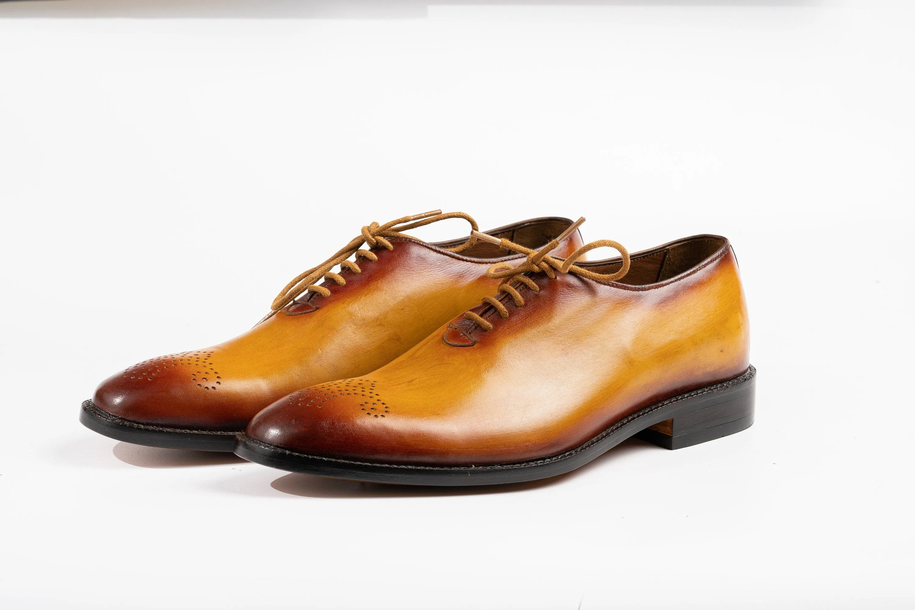 Handmade Tan Whole Cut Oxfords - Vegetable Tan Leather, Hand-Dyed Patina Finish, 1" Stacked Heel, Goat Leather Lining Luxury Made To Order