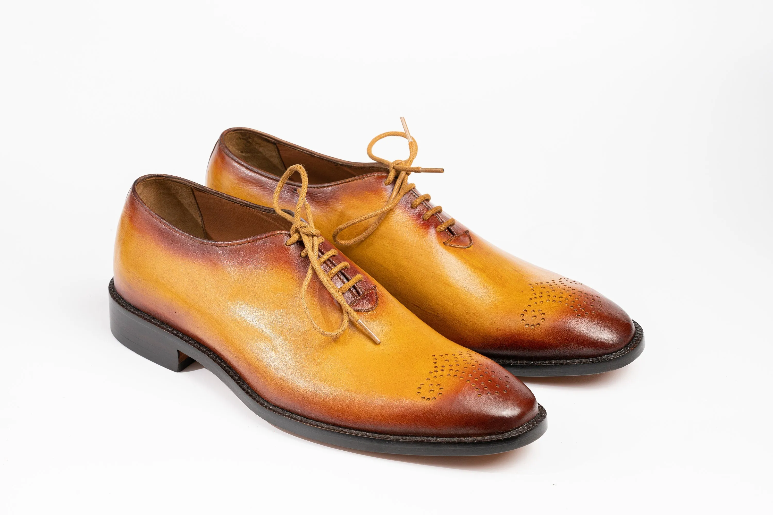 Handmade Tan Whole Cut Oxfords - Vegetable Tan Leather, Hand-Dyed Patina Finish, 1" Stacked Heel, Goat Leather Lining Luxury Made To Order