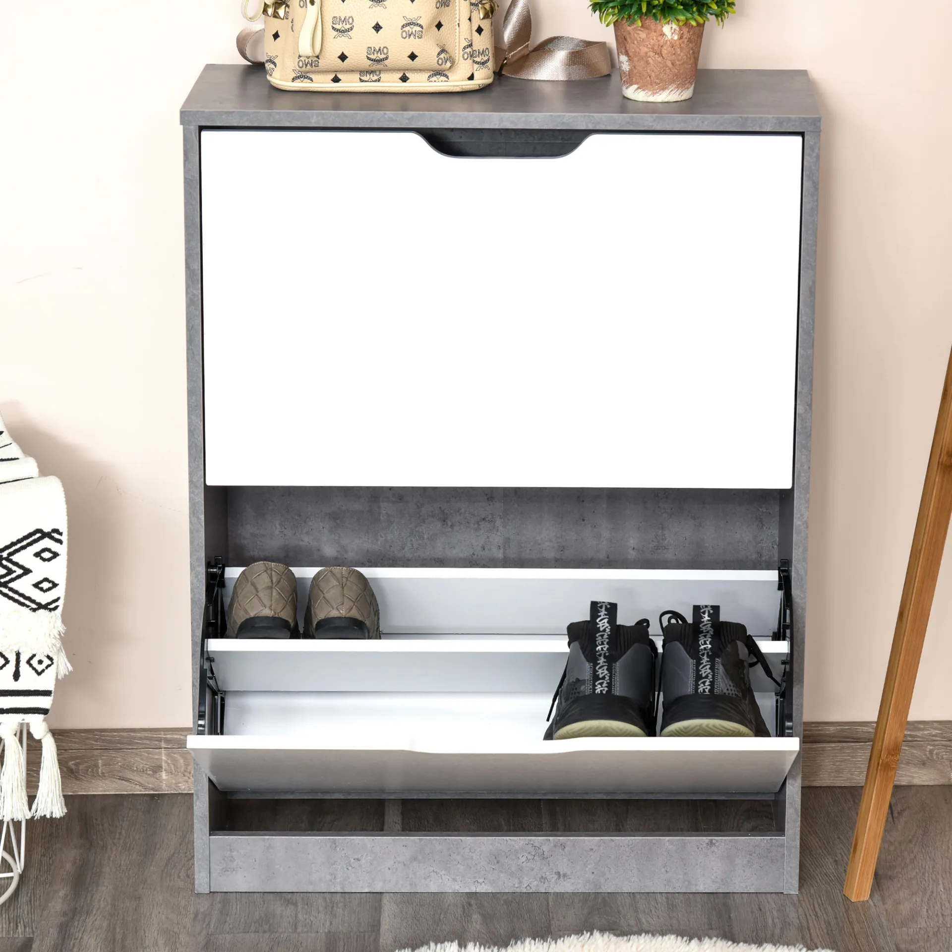 HOMCOM Two Drawer Shoe Cabinet with Adjustable Shelves - Modern Grey and White Home Storage Organizer for Hallway and Bedroom