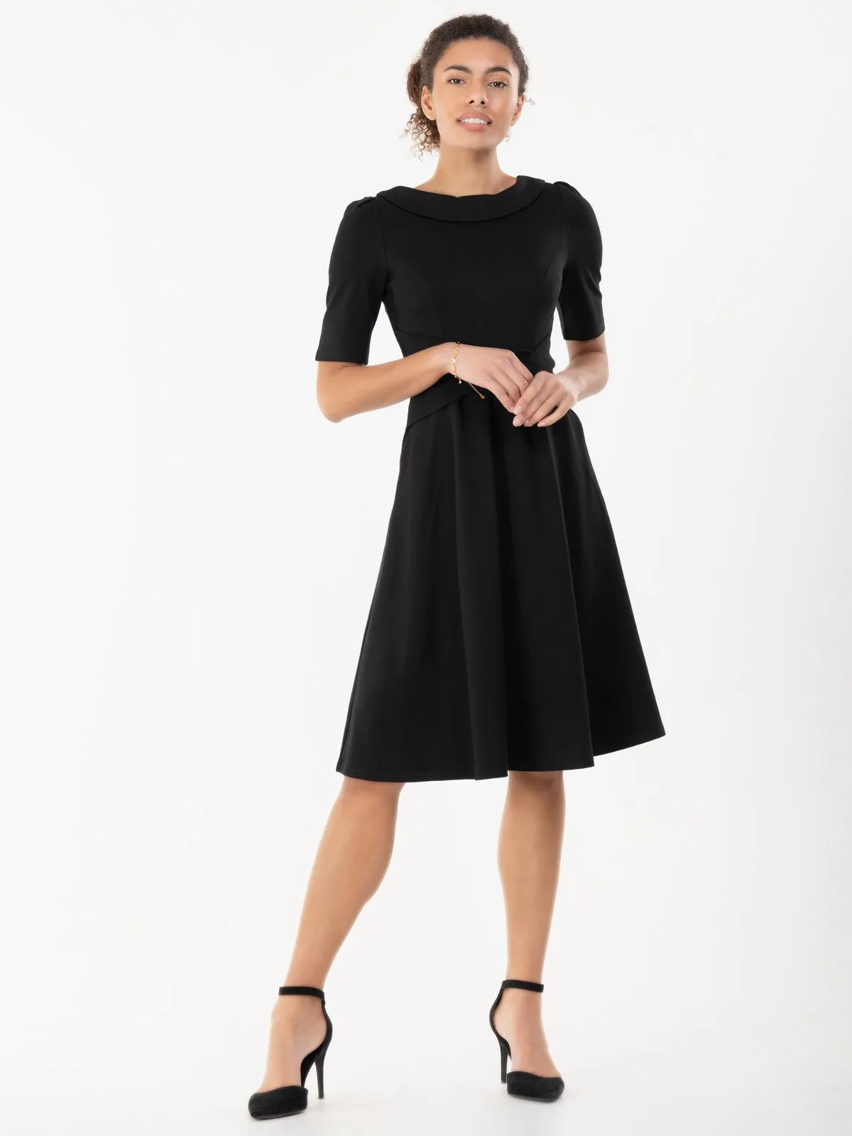 Jolie Moi Fold Over Fit and Flare Midi Dress, Black