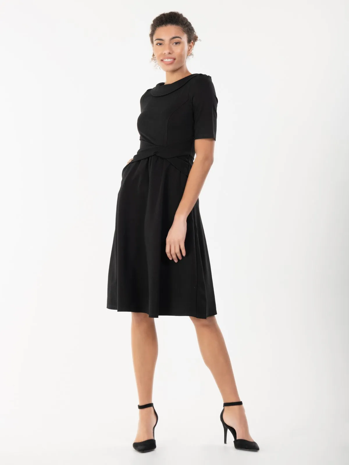 Jolie Moi Fold Over Fit and Flare Midi Dress, Black