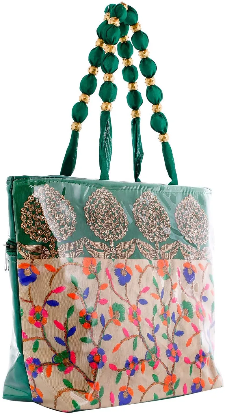 Kuber Industries Laminated Embroidery Hand Bag|Tote Bag|Hand Purse for Women & Girls (Green)