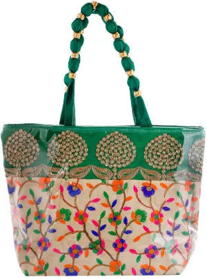 Kuber Industries Laminated Embroidery Hand Bag|Tote Bag|Hand Purse for Women & Girls (Green)